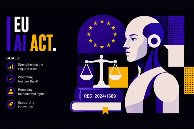 EU AI Act: a profile, EU stars and scales of justice beside four goals: a stronger single market, trustworthy AI, fundamental rights and innovation.