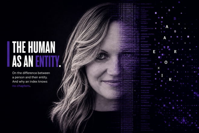 The Human as an Entity: portrait of Elfie Schürfeld-Todor dissolving into a purple index of data. A person and their documented identity are not the same.