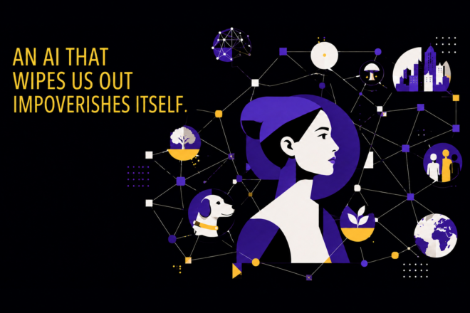 An AI that wipes us out impoverishes itself: a woman connected through a network to people, animals, plants, a city and the Earth.