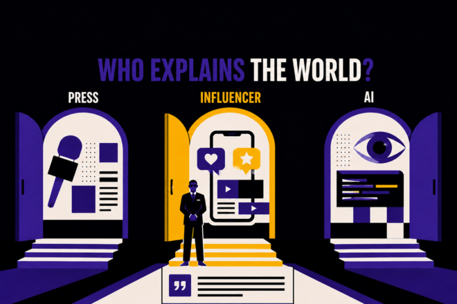 Who explains the world? Three doors represent the press, influencers and AI as mediators of public visibility.