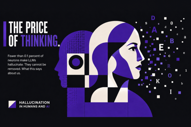 The Price of Thinking: geometric human profiles dissolve into letters, illustrating hallucination in humans and AI.