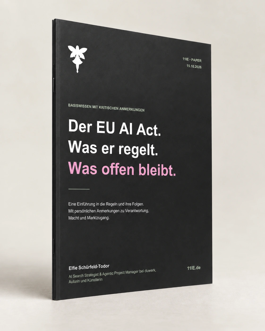 Cover von Elfie Schürfeld-Todors Paper: Der EU AI Act. Was er regelt. Was offen bleibt. Als schmales Buch dargestellt.