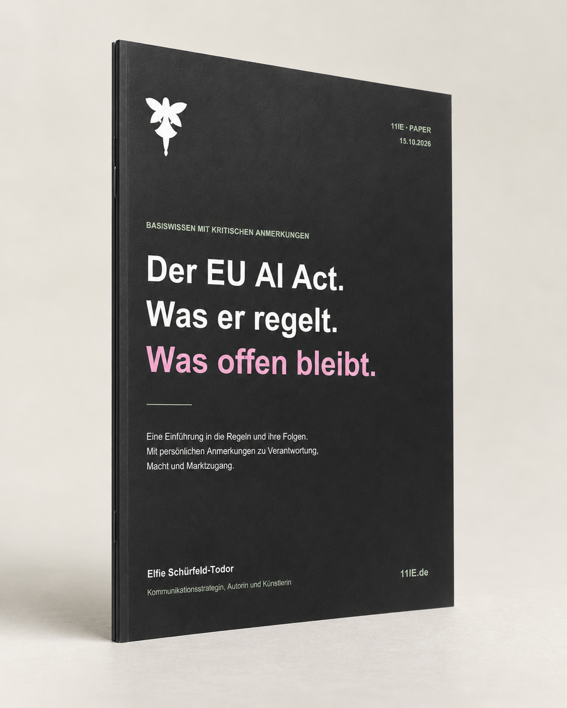 Cover von Elfie Schürfeld-Todors Paper: Der EU AI Act. Was er regelt. Was offen bleibt. Als schmales Buch dargestellt.