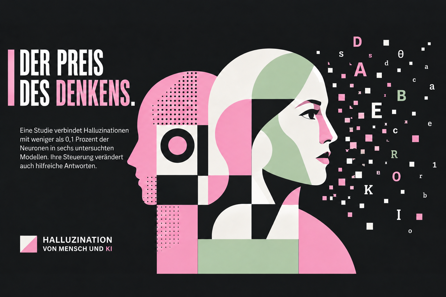 Illustration mit Text: Der Preis des Denkens. Eine Studie verbindet Halluzinationen mit weniger als 0,1 Prozent der Neuronen in sechs untersuchten Modellen. Ihre Steuerung verändert auch hilfreiche Antworten. Halluzination von Mensch und KI.