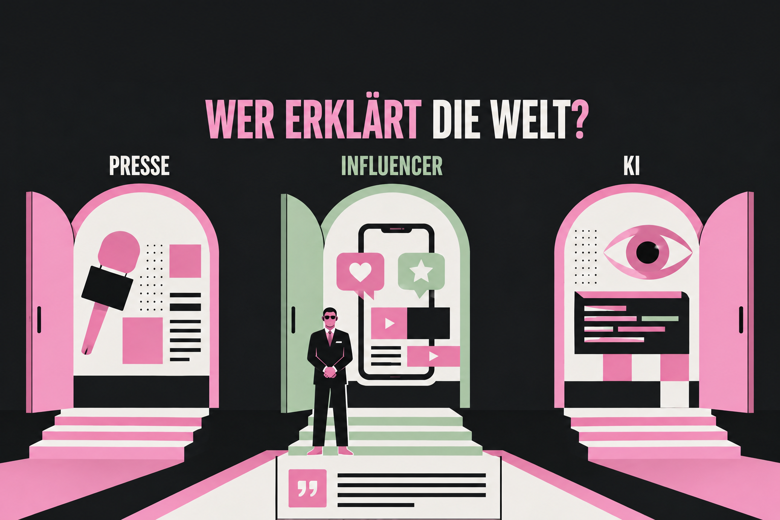 Illustration mit Text: Wer erklärt die Welt? Presse, Influencer, KI.