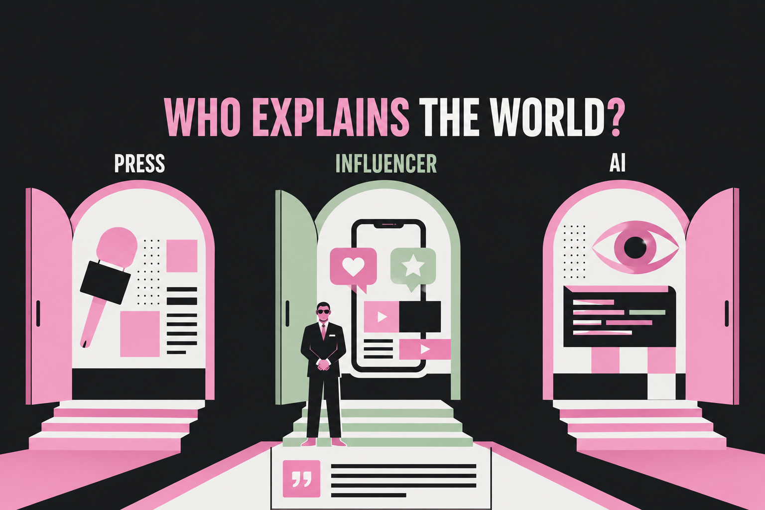 Illustration with text: Who explains the world? Press, influencer, AI.