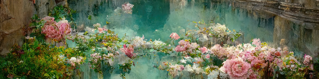 Aquadesium: Türkisfarbenes Wasser zwischen Blüten und felsigen Ufern.