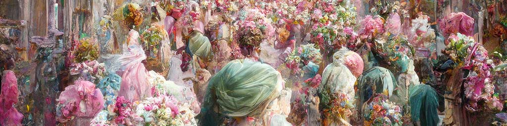 Terraotium: Figuren und Architektur zwischen üppigen rosa und grünen Blüten.